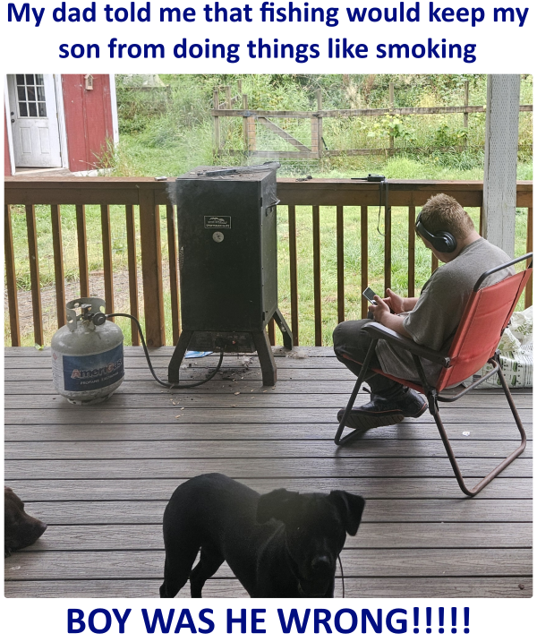 Bobby tending the smoker as only a teenager can