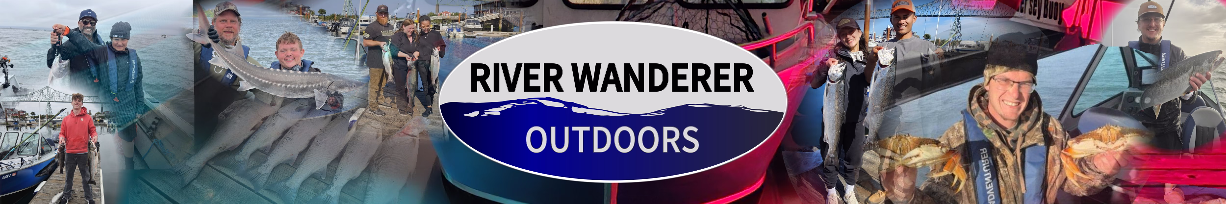 River Wanderer Outdoors Header displaying the logo and scenes from fishing charters near Astoria Oregon. Includes Sturgeon, Crab, and Salmon