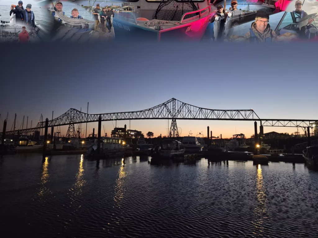 View of the Astoria Megler Bridge at sunrise as seen from the West Basin Marina with a top banner of people showing off fish caught during an Astoria Fishing Charter