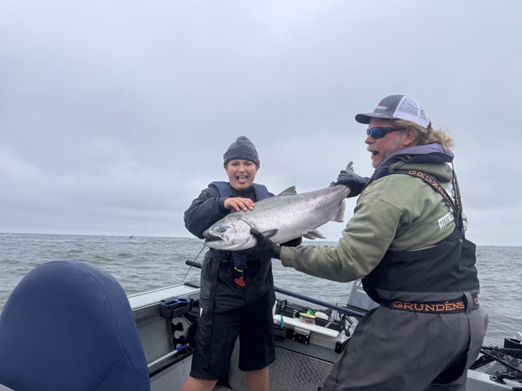Levi showing off his first ever fish. A beautiful Upriver Bright Chinook caught during Buoy 10