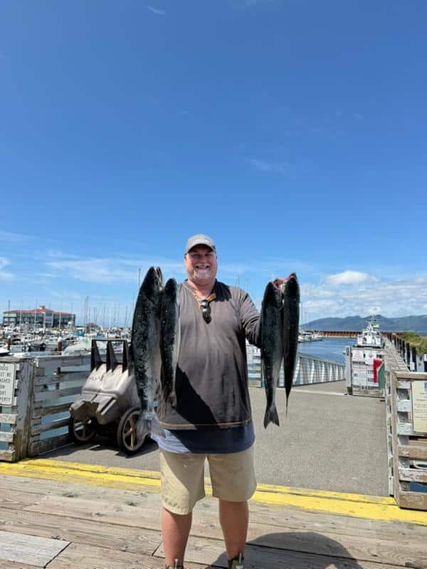 Four beautiful fall coho being shown off in Astoria